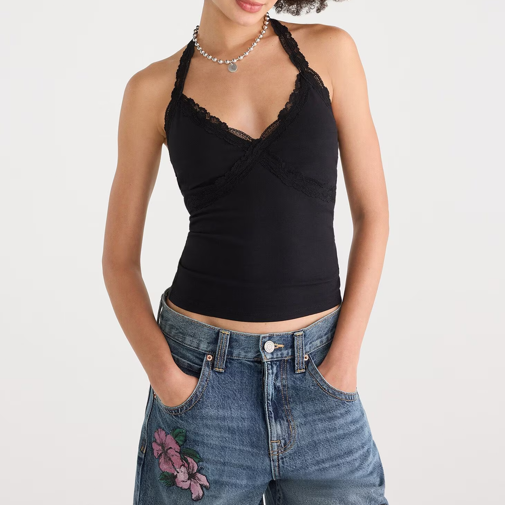 Lace‑Trim V‑Neck Stretch‑Knit Halter Crop Top