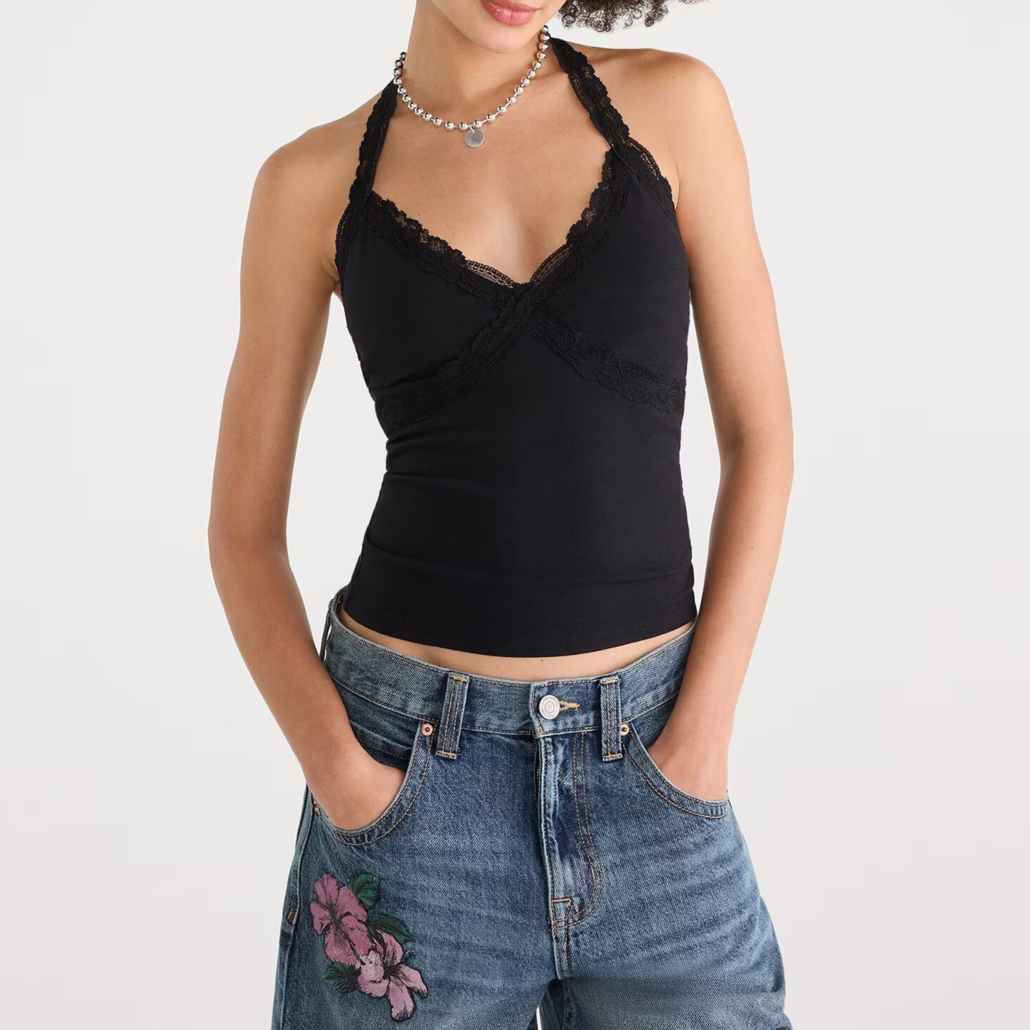 Lace‑Trim V‑Neck Stretch‑Knit Halter Crop Top