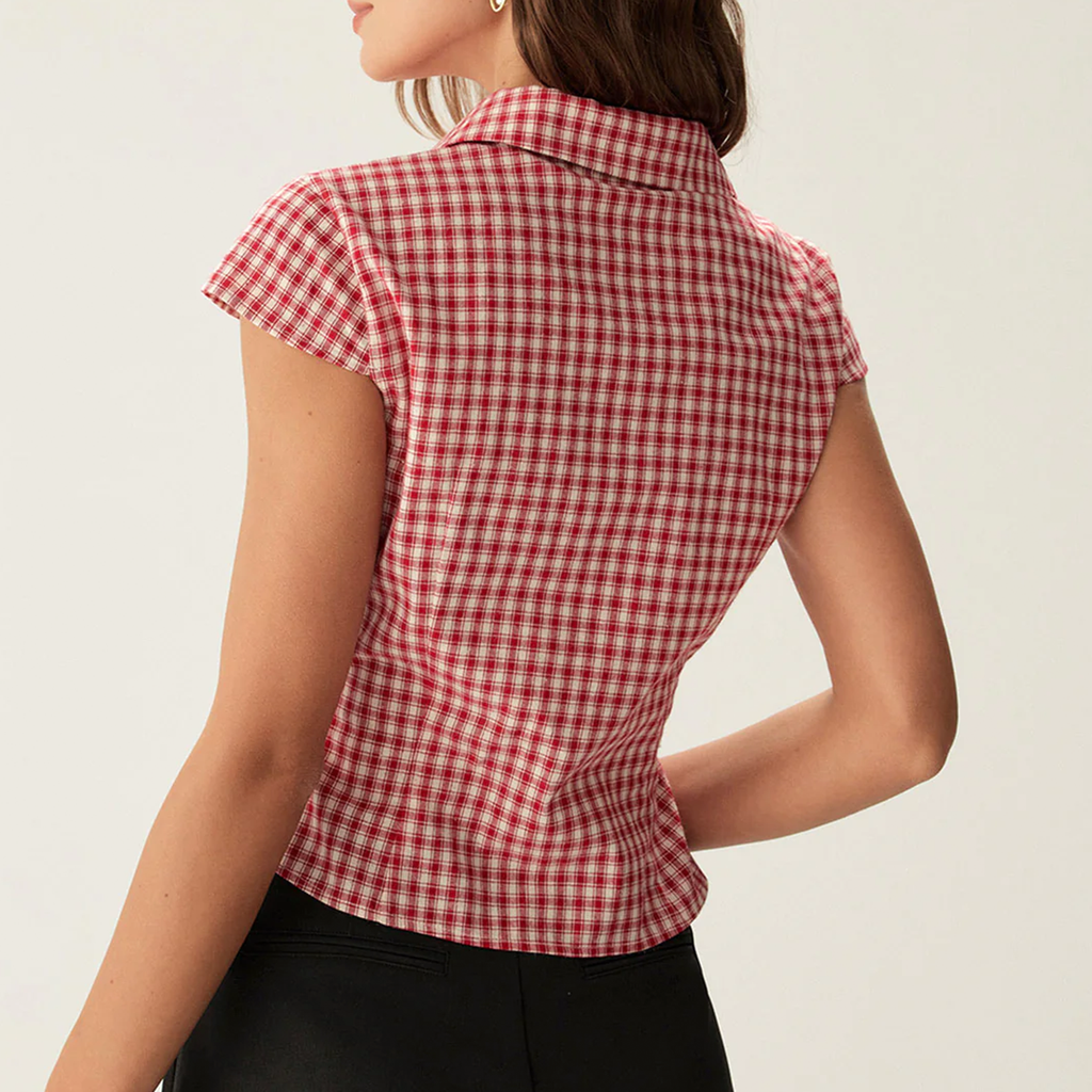 Plaid Cap‑Sleeve Button‑Front Cropped Blouse