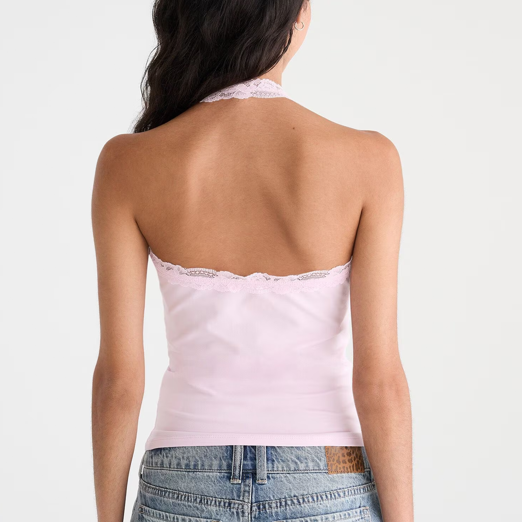 Lace‑Trim V‑Neck Stretch‑Knit Halter Tank Top