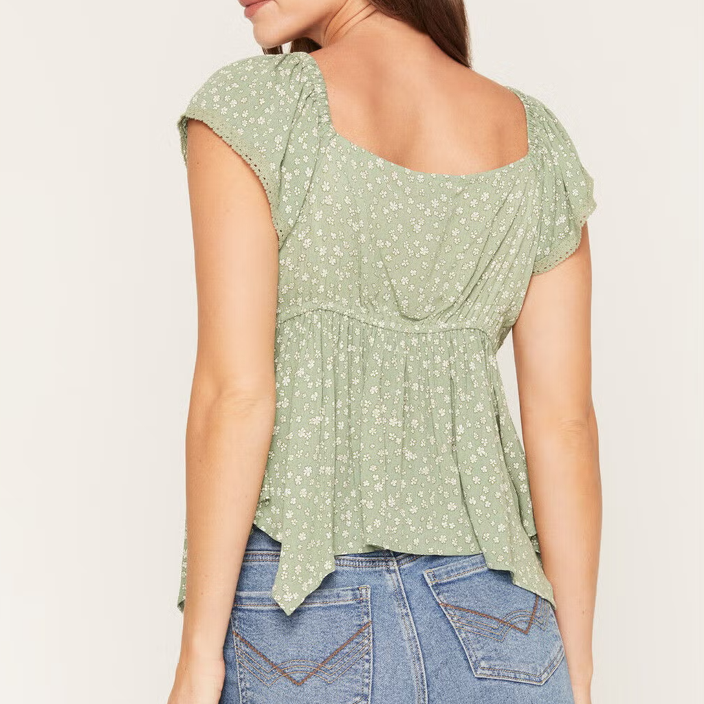 Floral V‑Neck Flutter‑Sleeve Hanky Hem Peplum Top