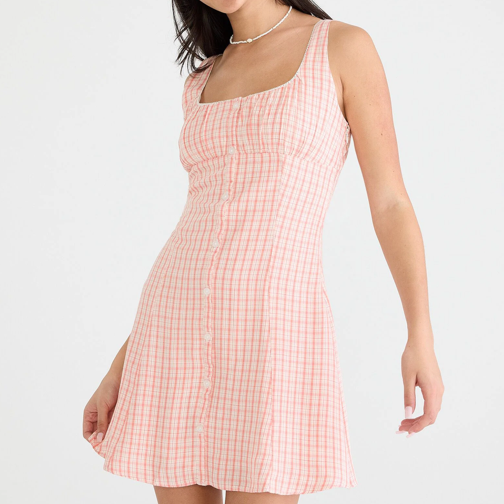 Plaid Square‑Neck Button‑Front A‑Line Woven Mini Dress