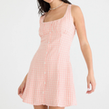 Plaid Square‑Neck Button‑Front A‑Line Woven Mini Dress