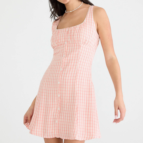 Plaid Square‑Neck Button‑Front A‑Line Woven Mini Dress