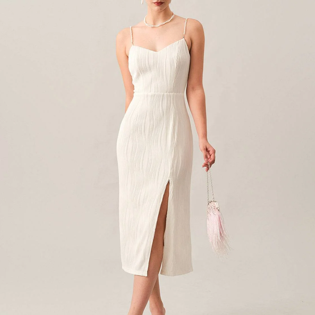 Wave‑Textured Pearl‑Strap V‑Neck Side‑Slit Midi Dress