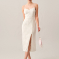Wave‑Textured Pearl‑Strap V‑Neck Side‑Slit Midi Dress