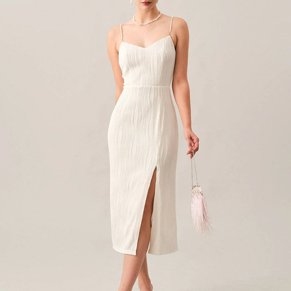 Wave‑Textured Pearl‑Strap V‑Neck Side‑Slit Midi Dress