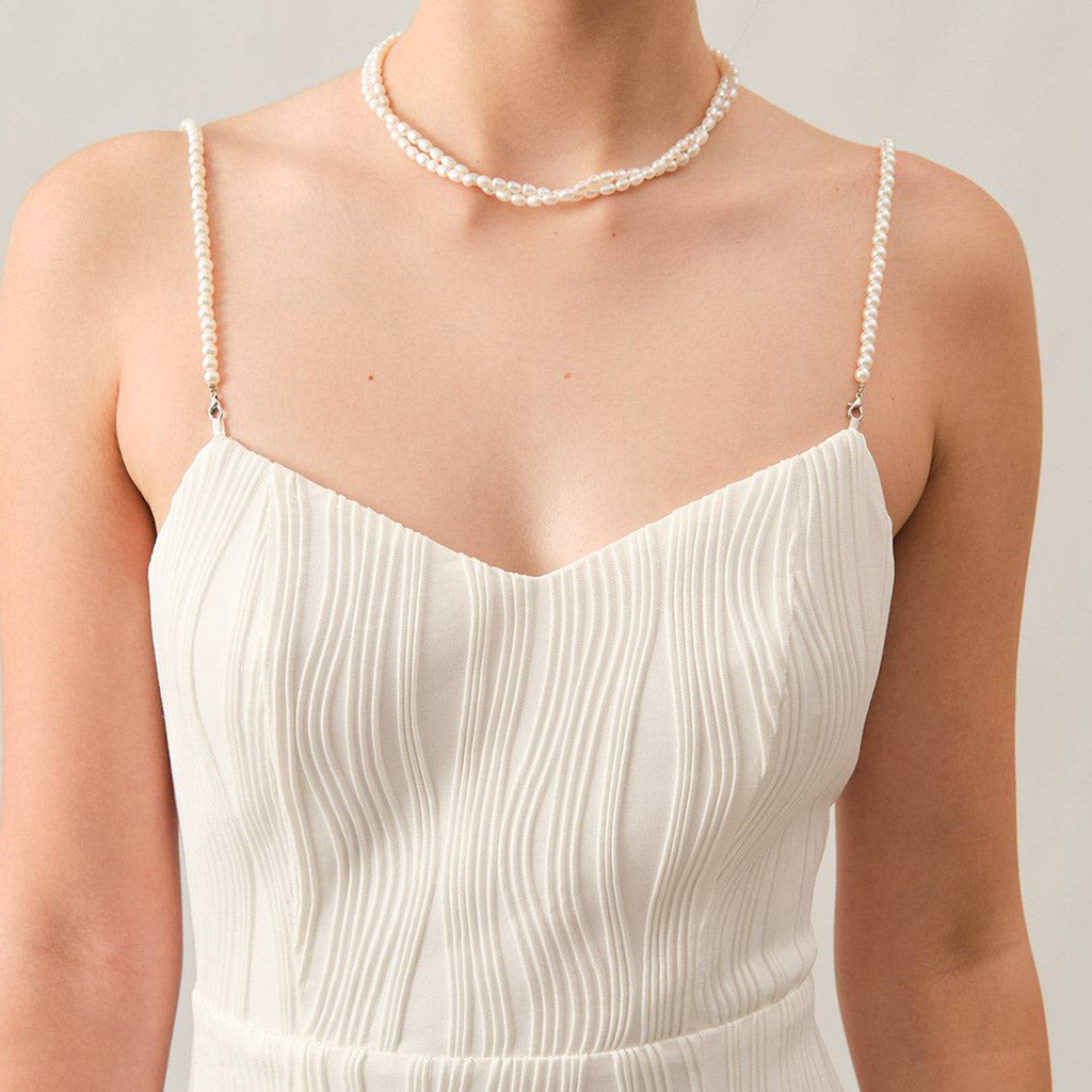 Wave‑Textured Pearl‑Strap V‑Neck Side‑Slit Midi Dress