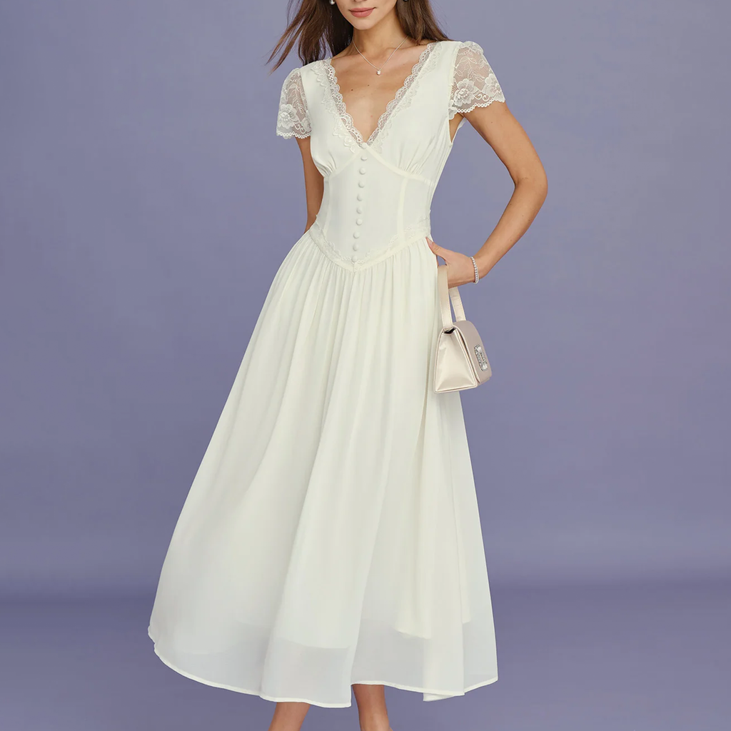 V‑Neck Lace‑Spliced Cap‑Sleeve A‑Line Flowy Maxi Dress