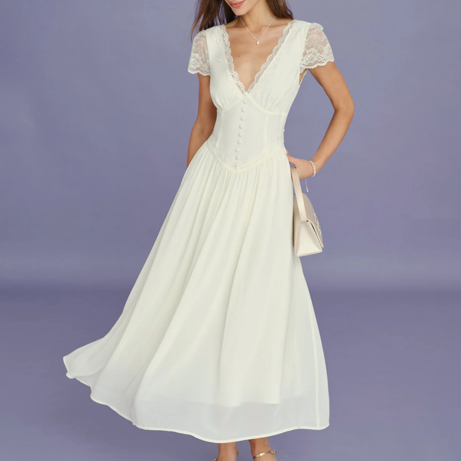V‑Neck Lace‑Spliced Cap‑Sleeve A‑Line Flowy Maxi Dress