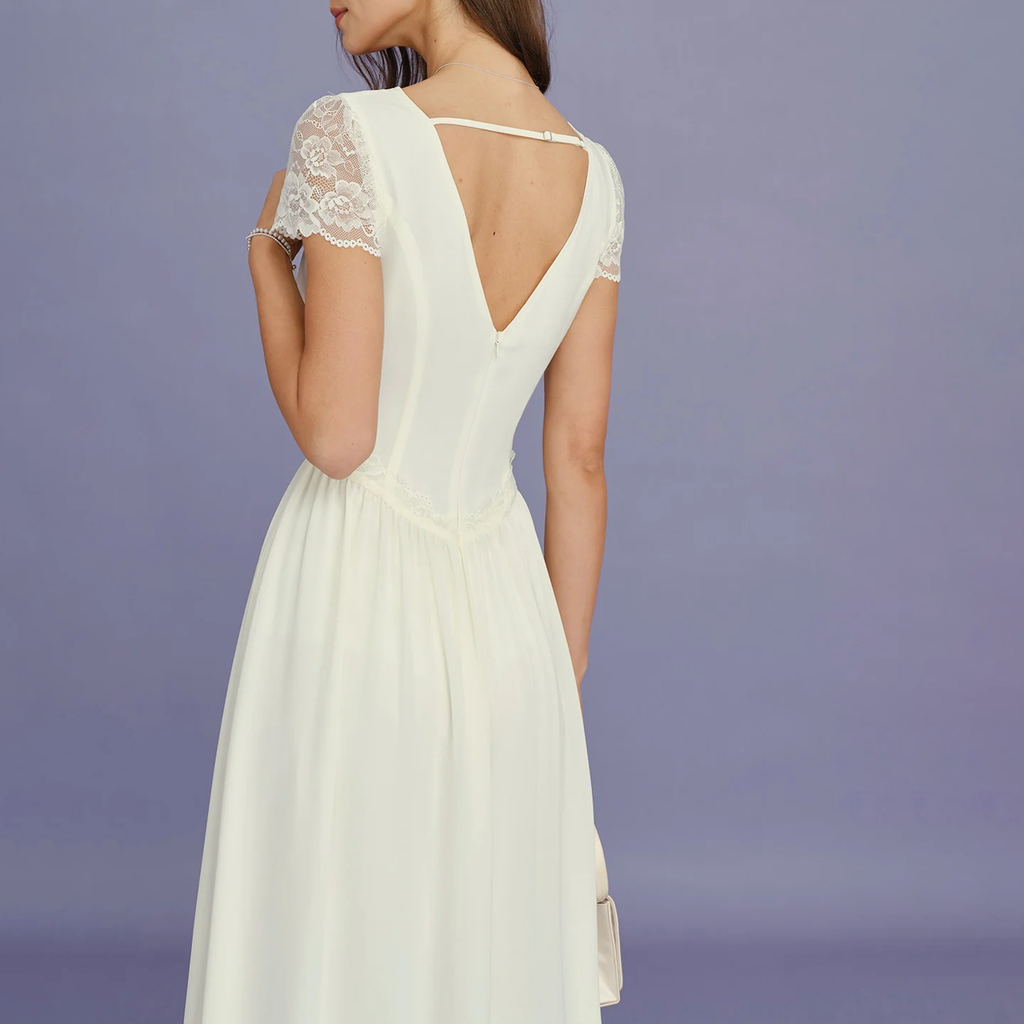V‑Neck Lace‑Spliced Cap‑Sleeve A‑Line Flowy Maxi Dress
